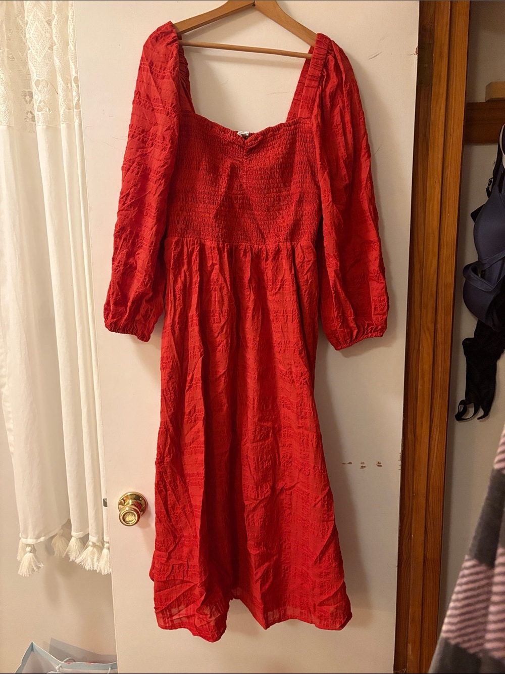 Madewell Red Smocked Maxi Dress with Balloon Sleeves